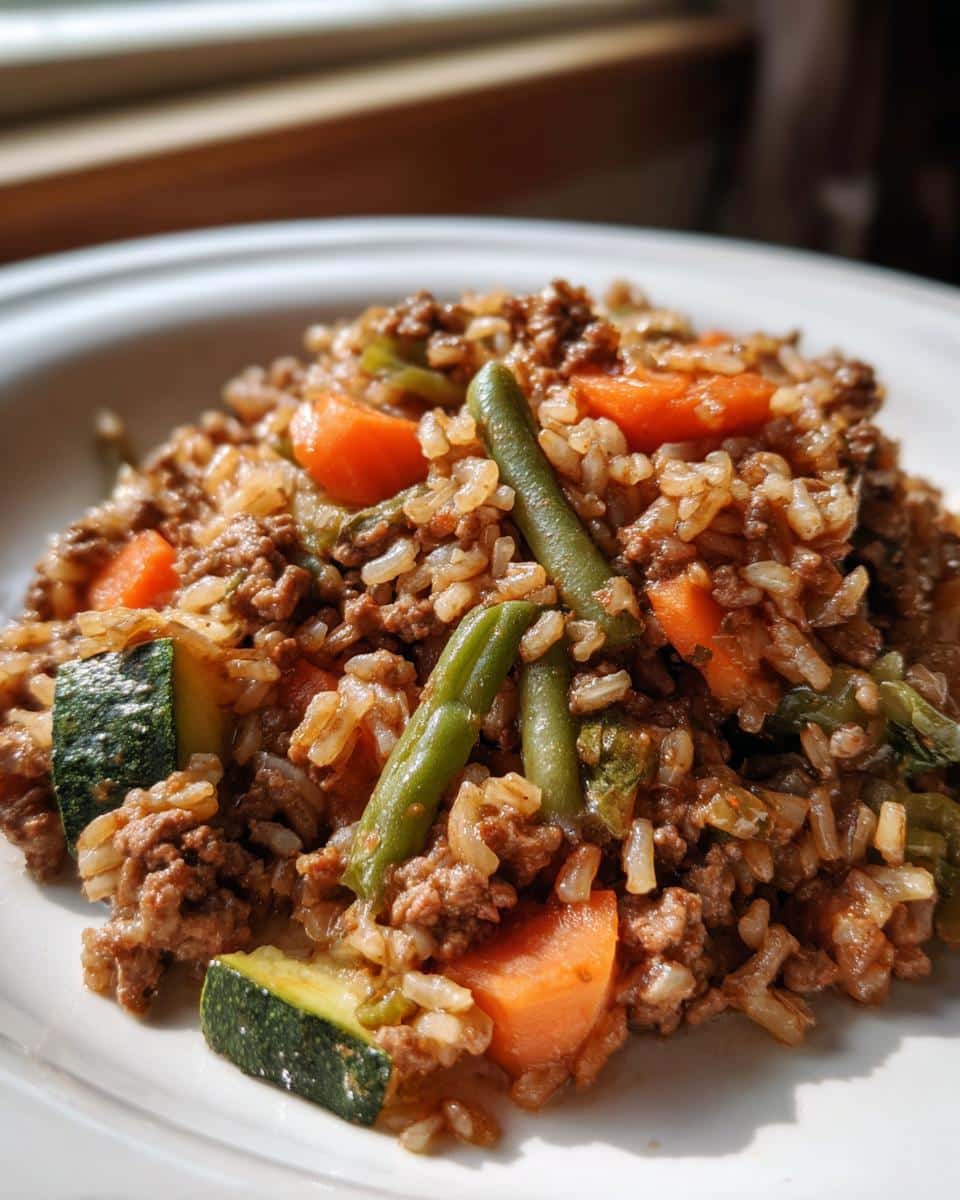 Close-up of a serving of Crockpot Dog Food with Ground Beef, rice, carrots, green beans, and zucchini on a white plate.