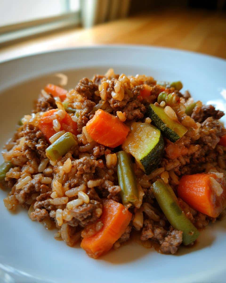 A close-up of Crockpot Dog Food with Ground Beef mixed with rice, carrots, zucchini, and green beans on a white plate.