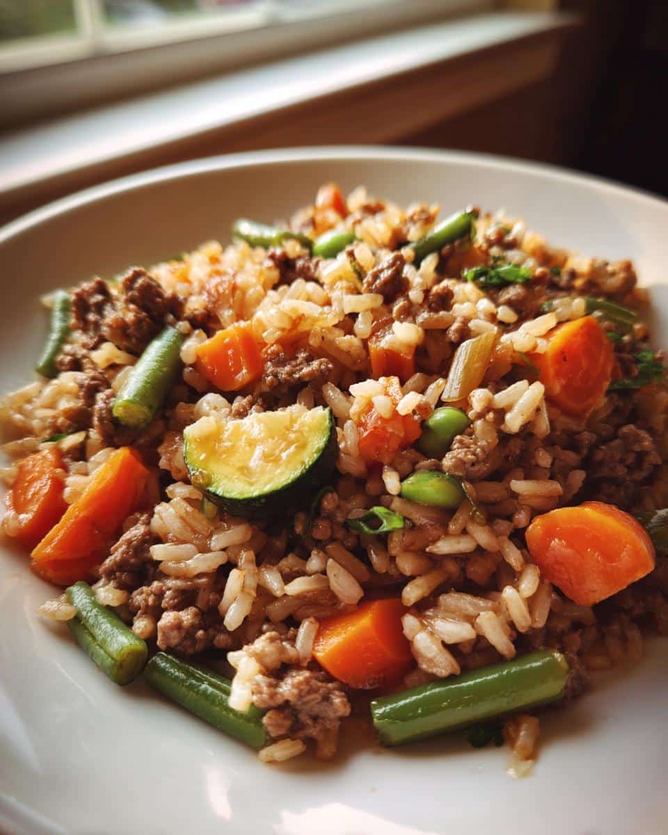 A close-up of a white bowl filled with homemade Crockpot Dog Food with Ground Beef, rice, carrots, green beans, and zucchini.