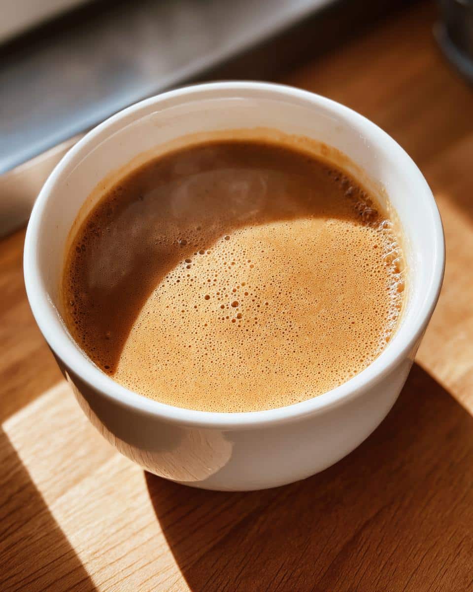 Close-up of a white cup filled with dark coffee showing rich crema, sitting on a sunlit wooden surface.
