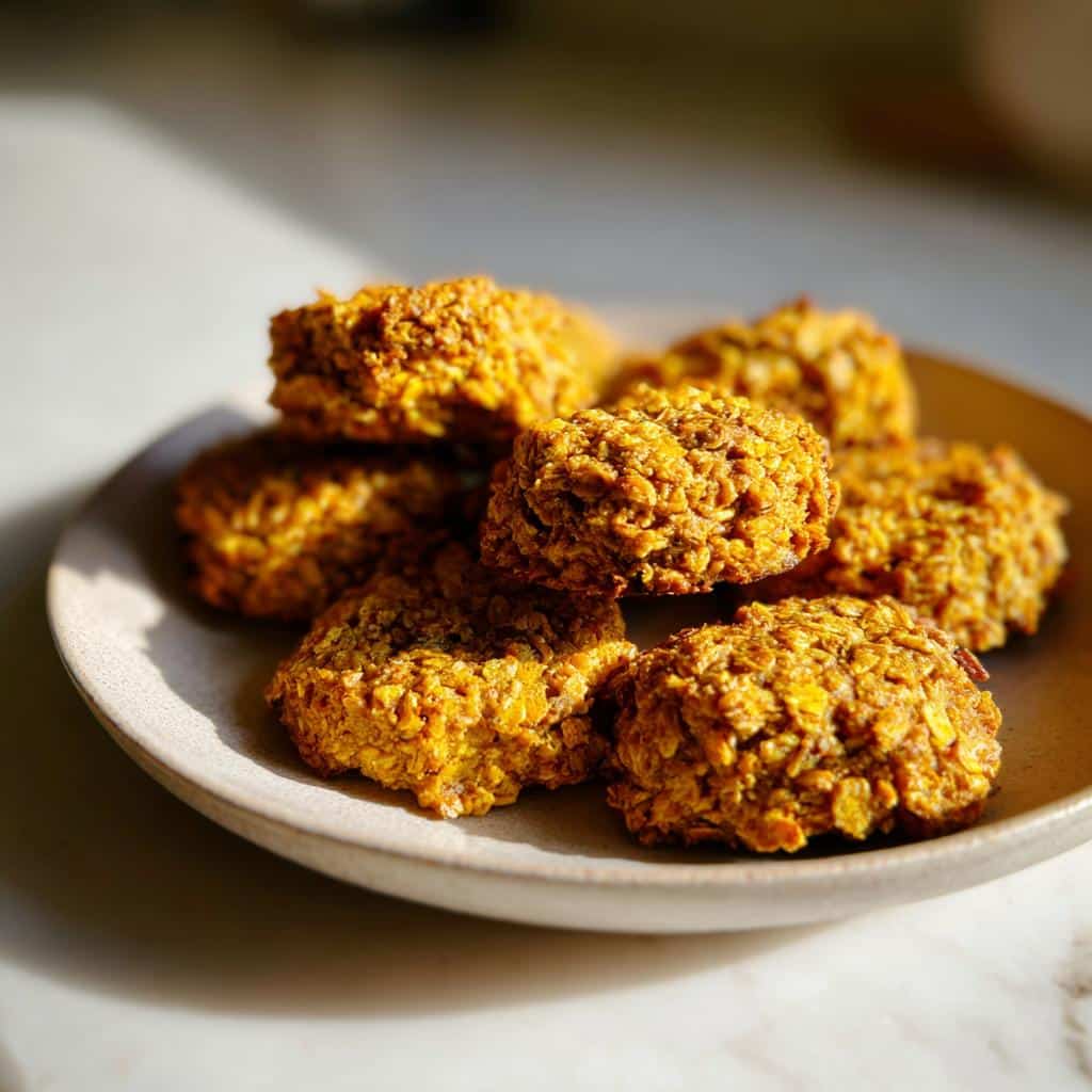 A small stack of golden-orange Dehydrated Pork, Oat & Turmeric Cookies on a light ceramic plate.