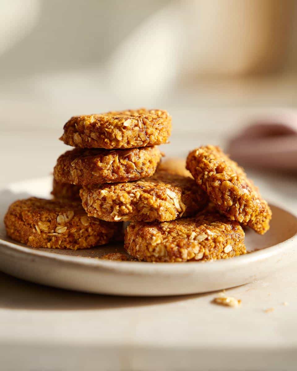 A stack of golden brown Dehydrated Pork, Oat & Turmeric Cookies with visible oats on a light plate.