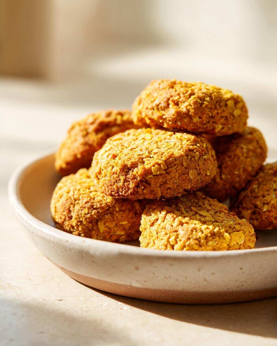 A stack of golden, textured Dehydrated Pork, Oat & Turmeric Cookies piled high in a shallow ceramic bowl.