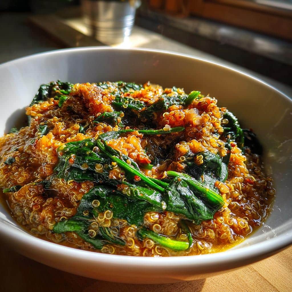 Close-up of a bowl filled with rich, savory Dehydrated Sardine, Quinoa & Spinach Stew, featuring bright green spinach.