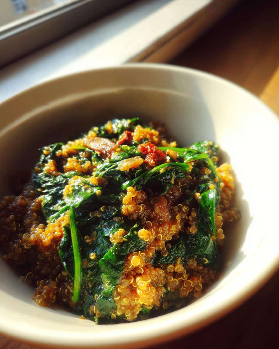 Close-up of a bowl containing Dehydrated Sardine, Quinoa & Spinach Stew, featuring bright green spinach and golden quinoa.