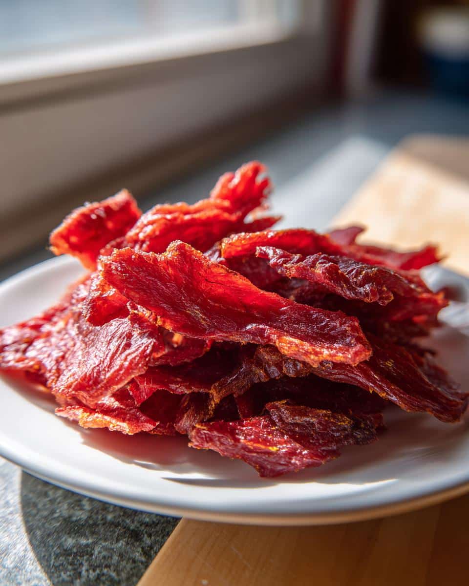 A close-up photo of a pile of deep red, chewy Dehydrated Watermelon Jerky on a white plate.