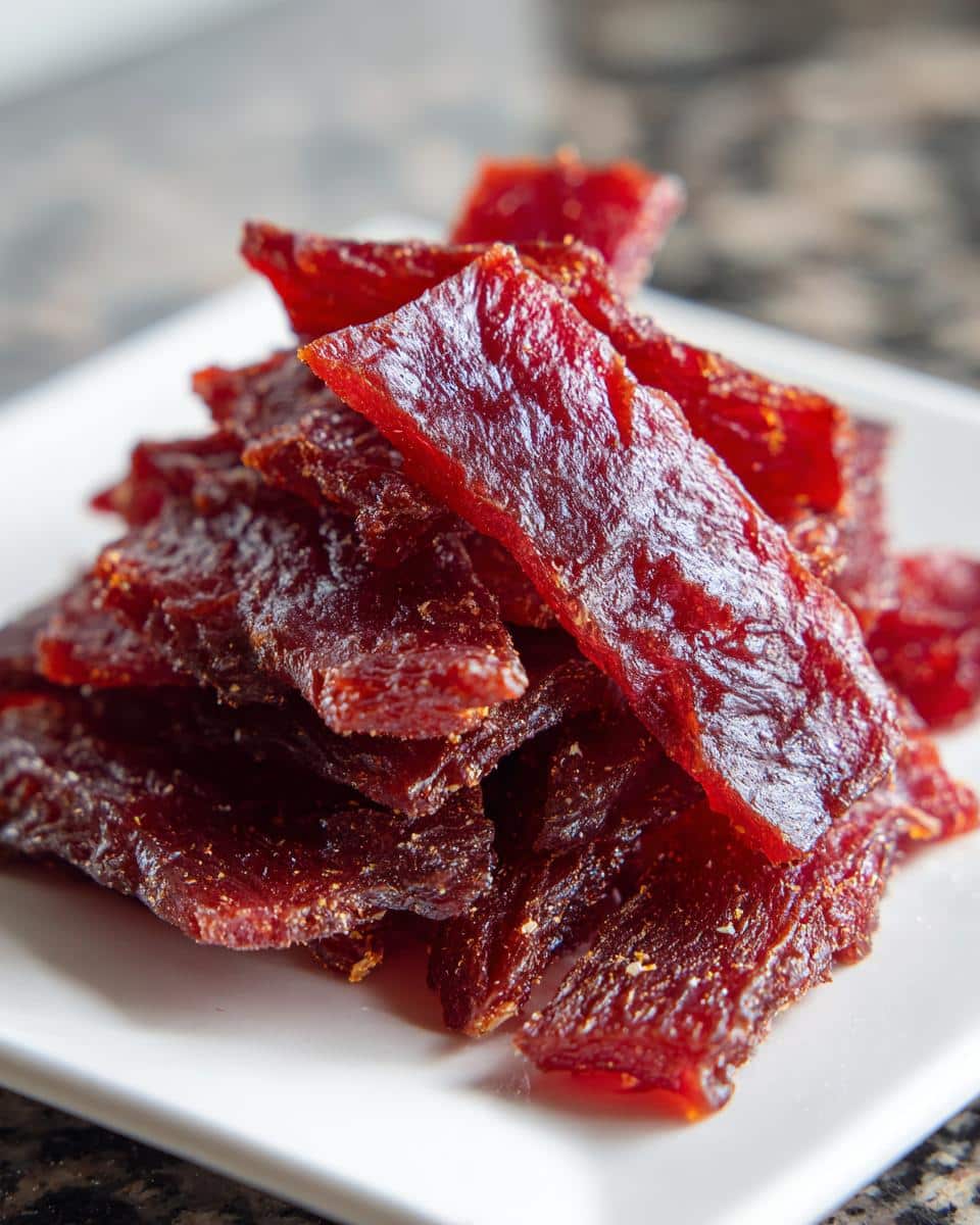 Close-up of a pile of chewy, dark red Dehydrated Watermelon Jerky strips on a white plate.