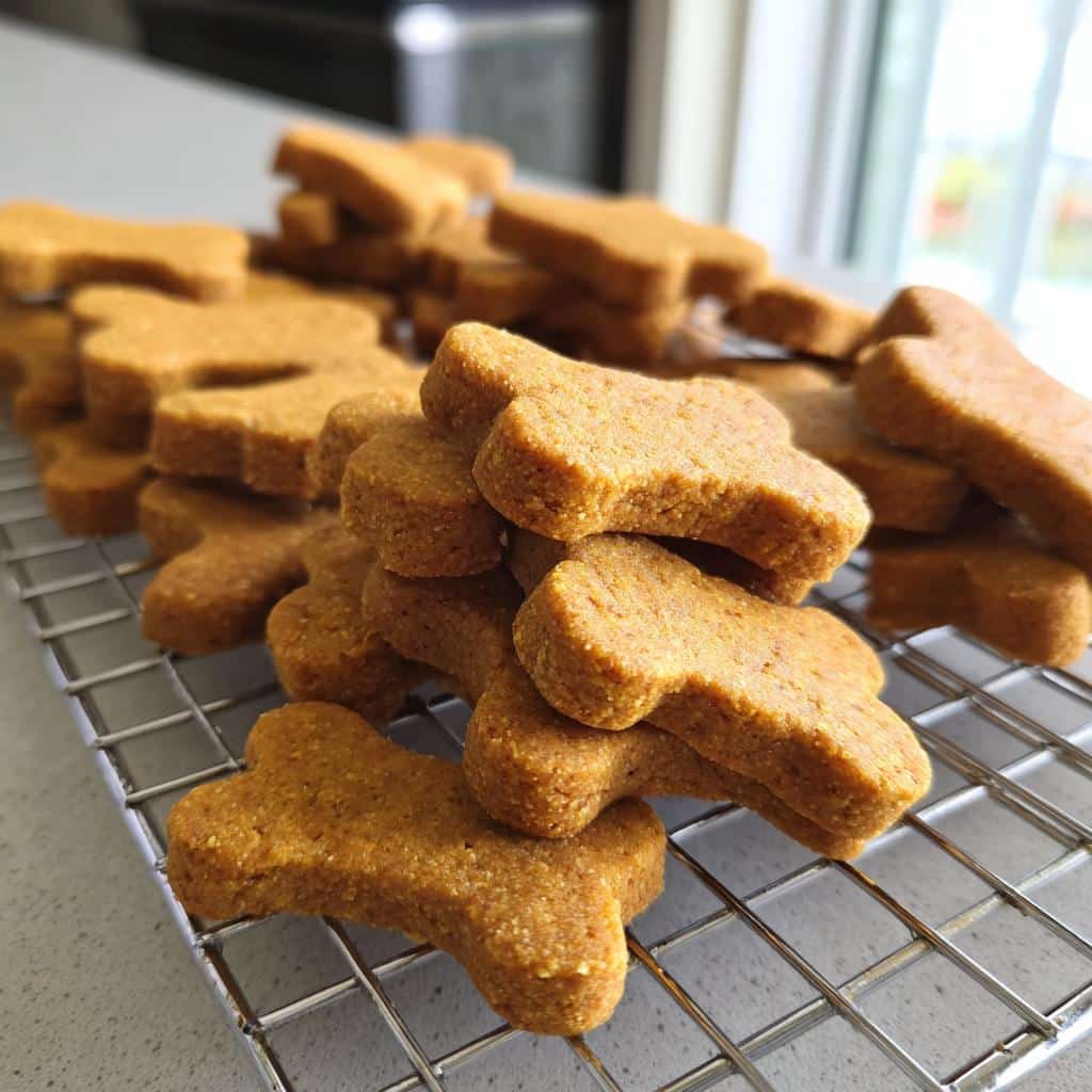 A large pile of bone-shaped DIY Christmas Dog Treats cooling on a wire rack.