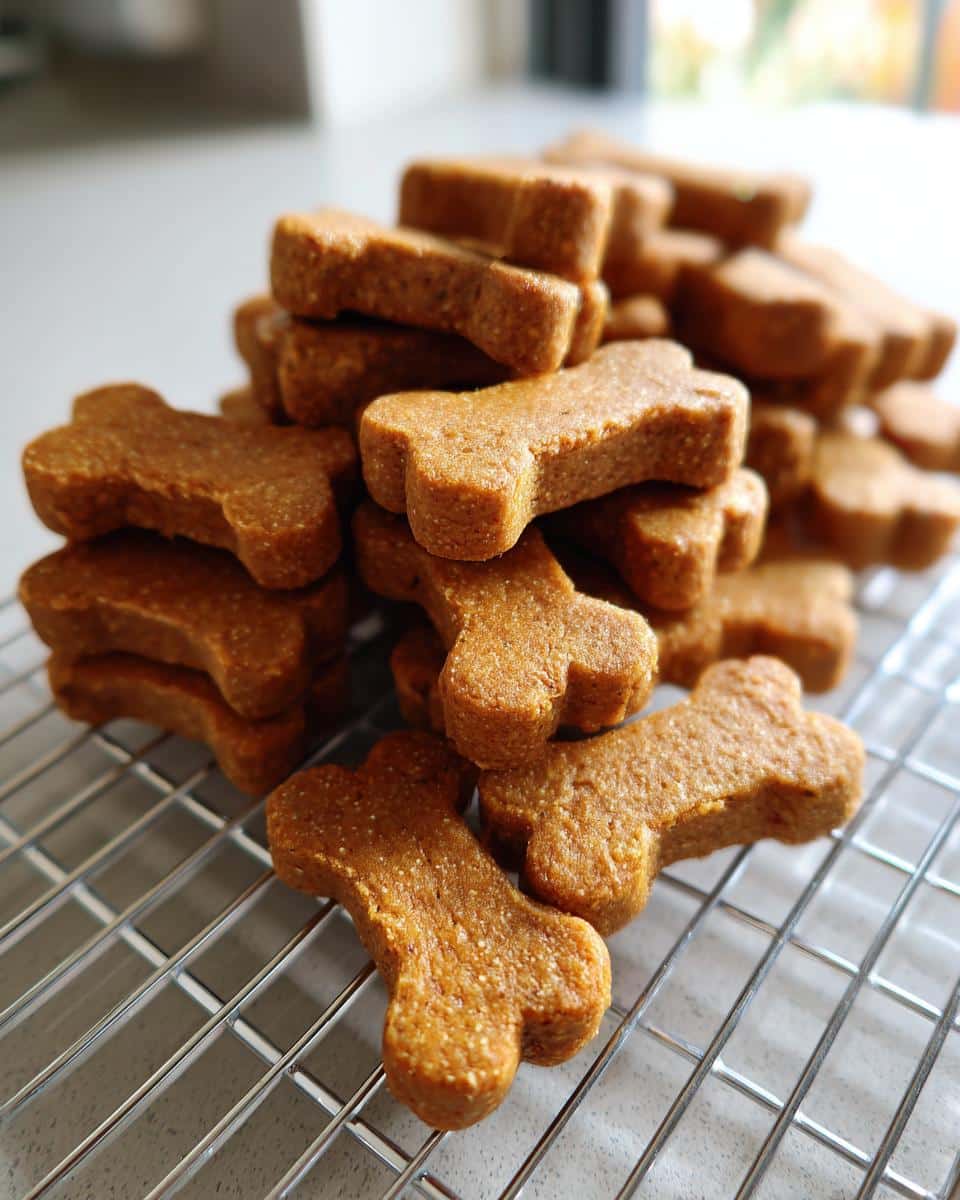 A pile of freshly baked, bone-shaped DIY Christmas Dog Treats cooling on a wire rack.