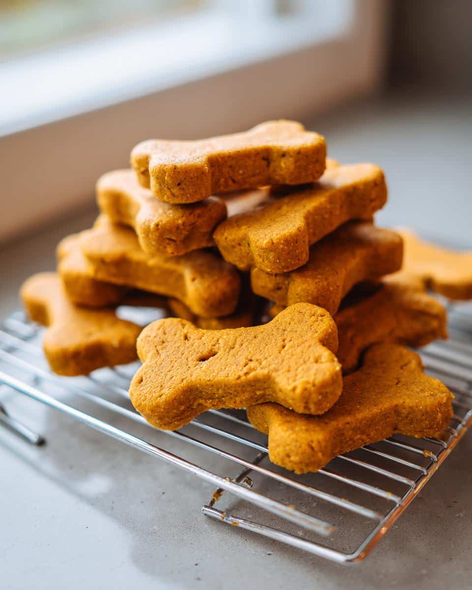 A stack of freshly baked, bone-shaped DIY Christmas Dog Treats cooling on a wire rack.