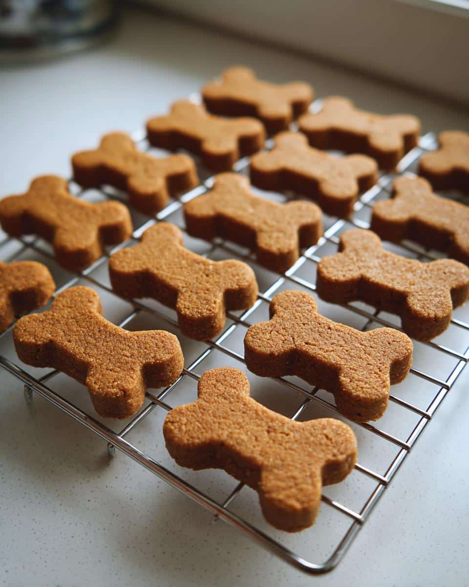 Close-up of freshly baked, bone-shaped DIY Christmas Dog Treats cooling on a wire rack.