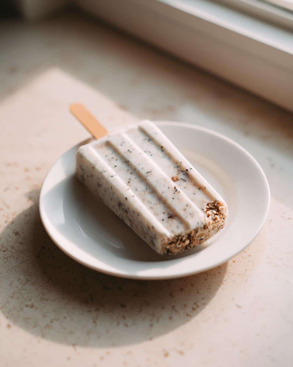 A single, textured Diy Duck, Oat & Chia Seed Popsicles For Dogs resting on a small white plate near a window.