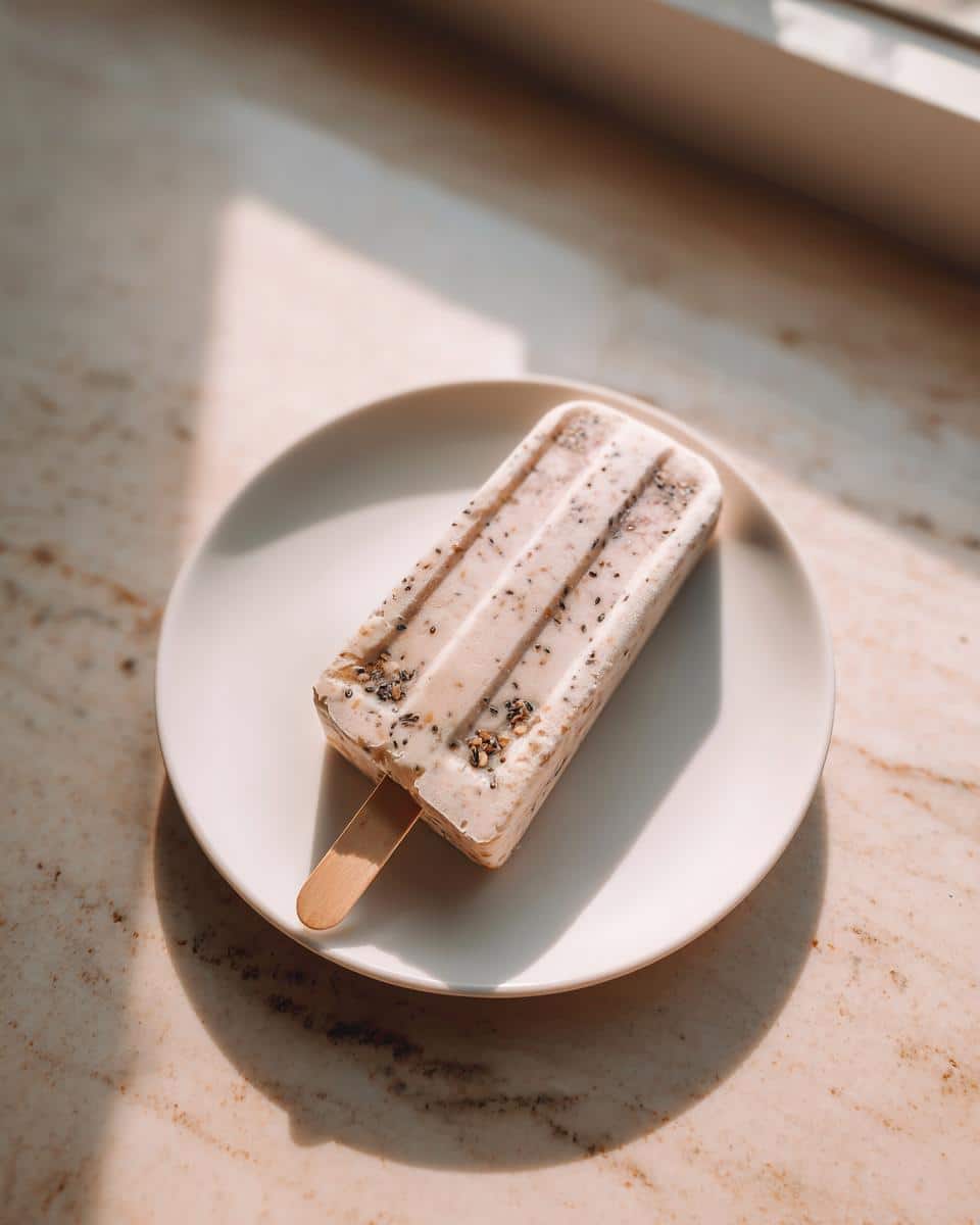 A single Diy Duck, Oat & Chia Seed Popsicles For Dogs resting on a small white plate near a sunlit window.