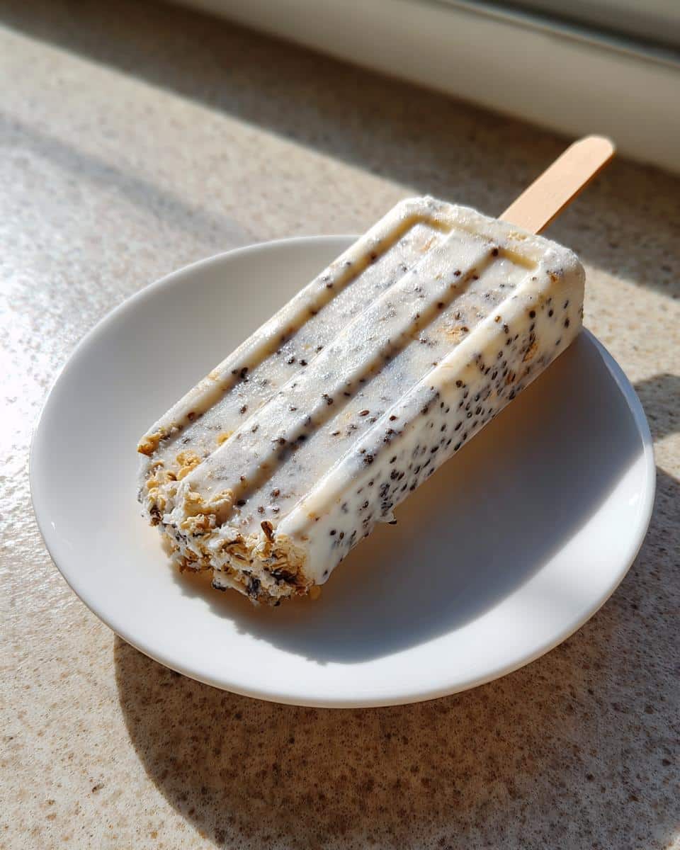 A finished Diy Duck, Oat & Chia Seed Popsicles For Dogs resting on a small white plate in bright sunlight.