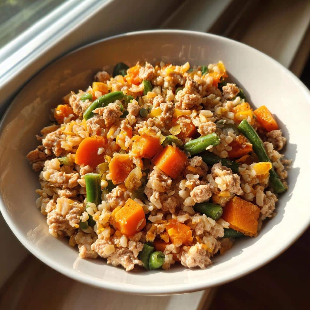 A bowl filled with DIY Farmer’s Dog whitefish brown rice meal, featuring ground meat, bright orange sweet potato chunks, and green beans.