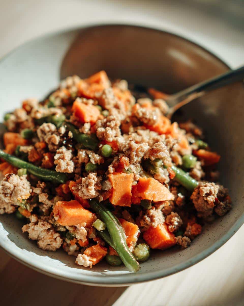 Close-up of a bowl containing a mixture of ground meat, diced sweet potatoes, green beans, and peas, representing a DIY Farmer’s Dog meal.