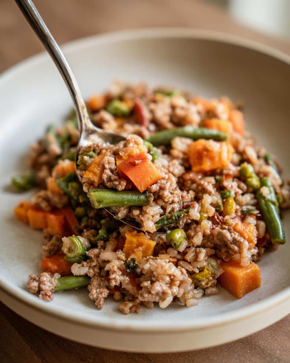 A spoonful of the DIY Farmer’s Dog meal, featuring ground meat, brown rice, carrots, and green beans.