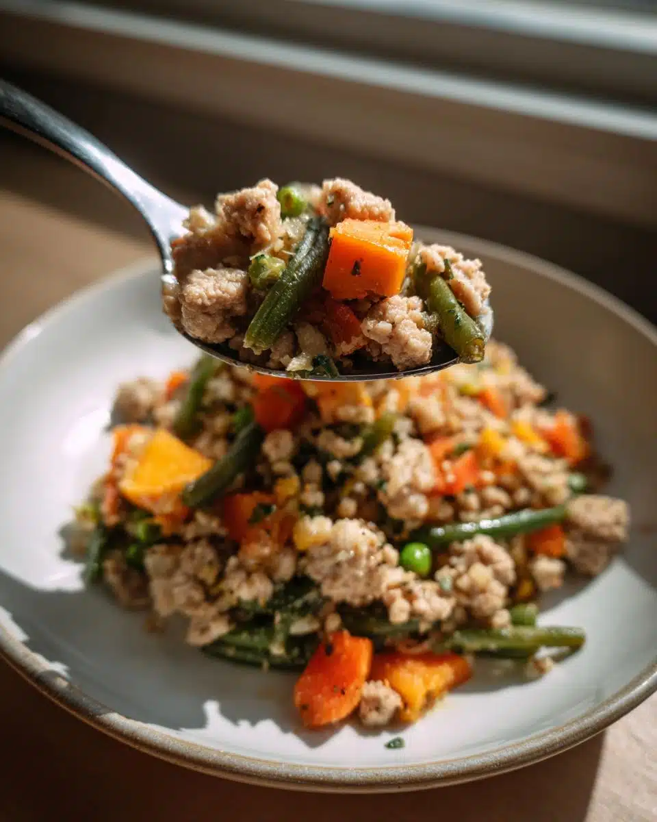 A spoonful of DIY Farmer’s Dog meal containing ground meat, sweet potato, and green beans is lifted above a bowl.