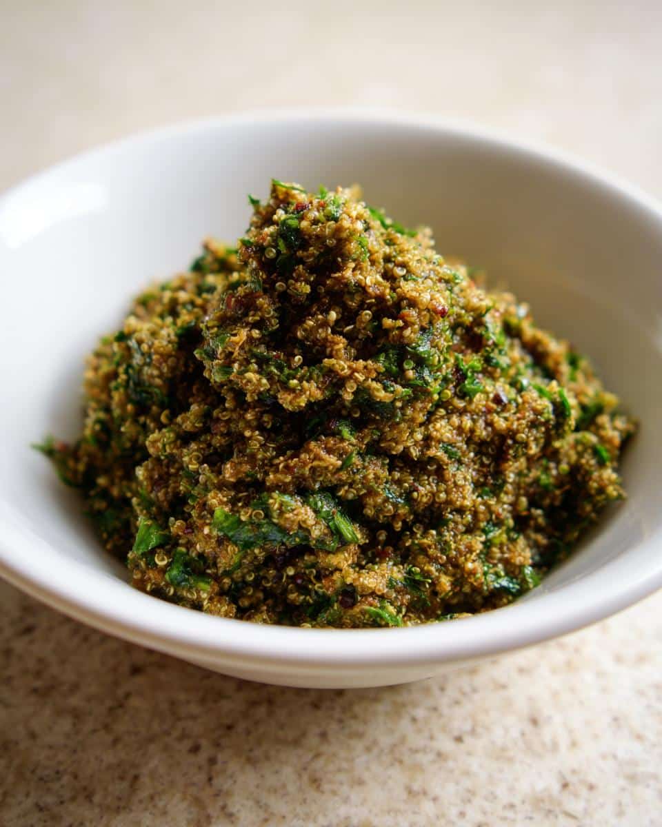 Close-up of the finished Diy Lamb, Quinoa & Spinach Pâté mounded in a white bowl.