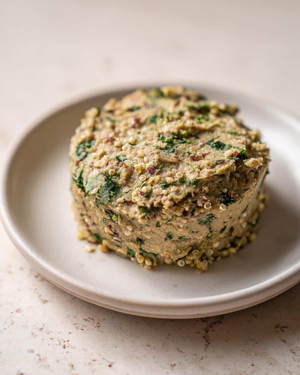 A molded serving of Diy Lamb, Quinoa & Spinach Pâté showing visible quinoa grains and green spinach flecks.