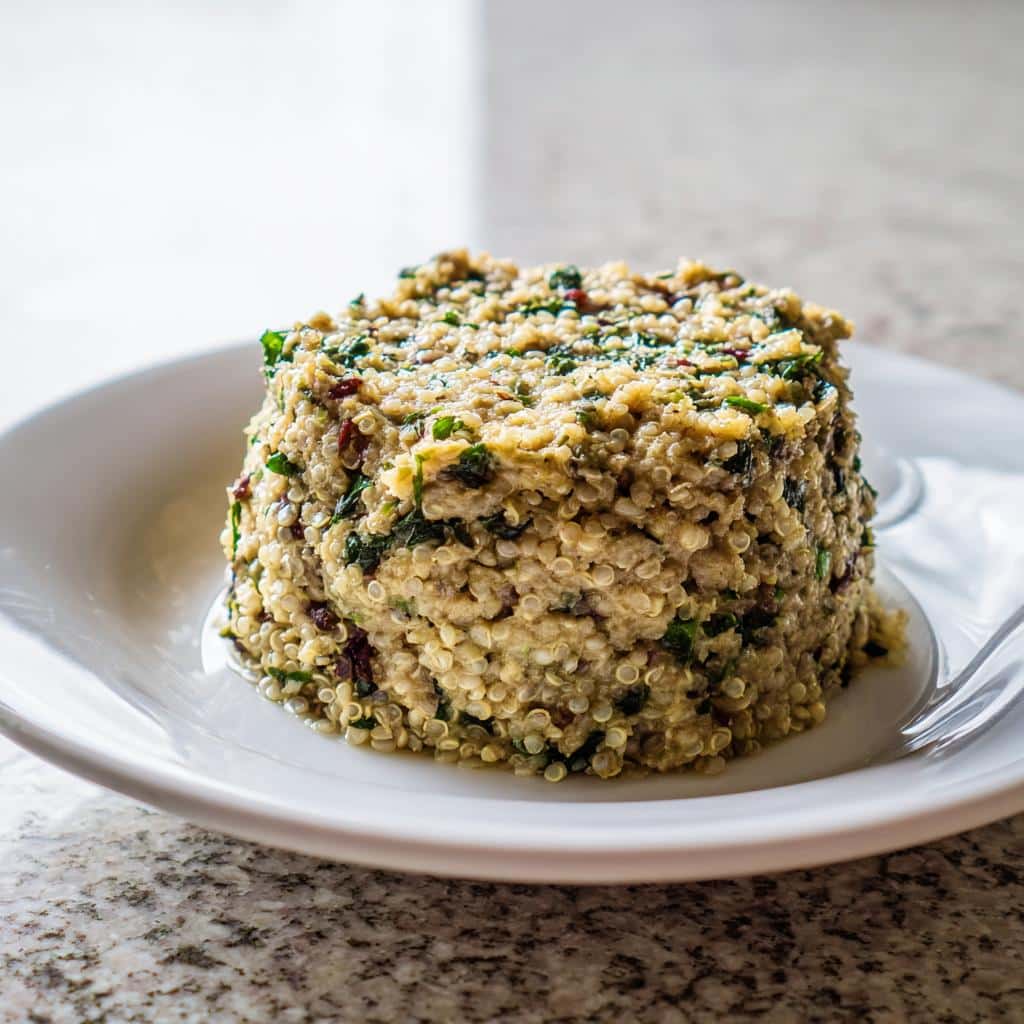 A molded serving of Diy Lamb, Quinoa & Spinach Pâté showing visible quinoa grains and green spinach flecks.