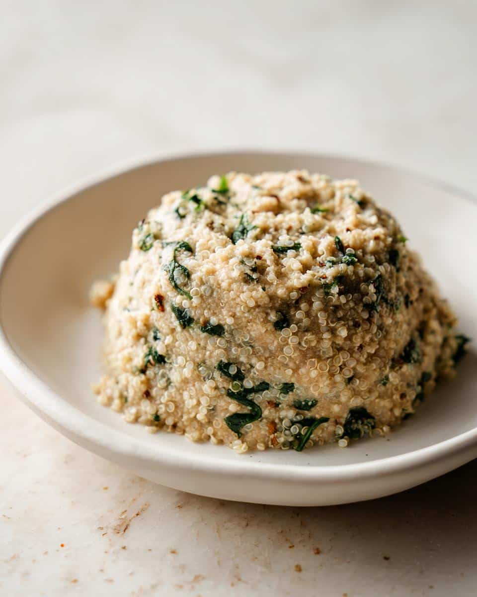 Close-up of Diy Lamb, Quinoa & Spinach Pâté molded into a small dome shape in a white bowl.