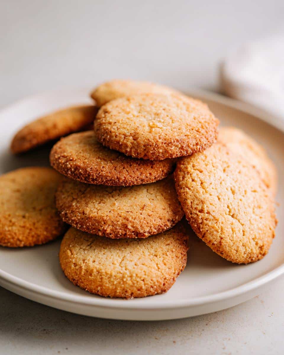 A stack of golden brown, round DIY natural dog treats resting on a light-colored plate.
