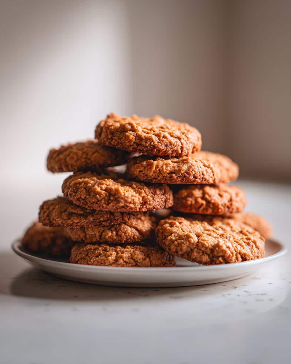 A tall stack of golden brown, textured DIY natural dog treats cookies on a small white plate.