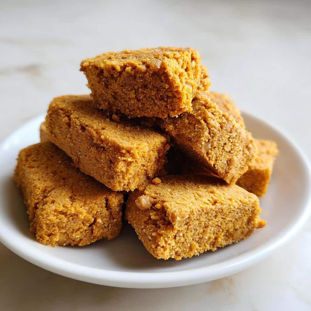 A stack of golden brown, rectangular DIY natural dog treats on a small white plate.