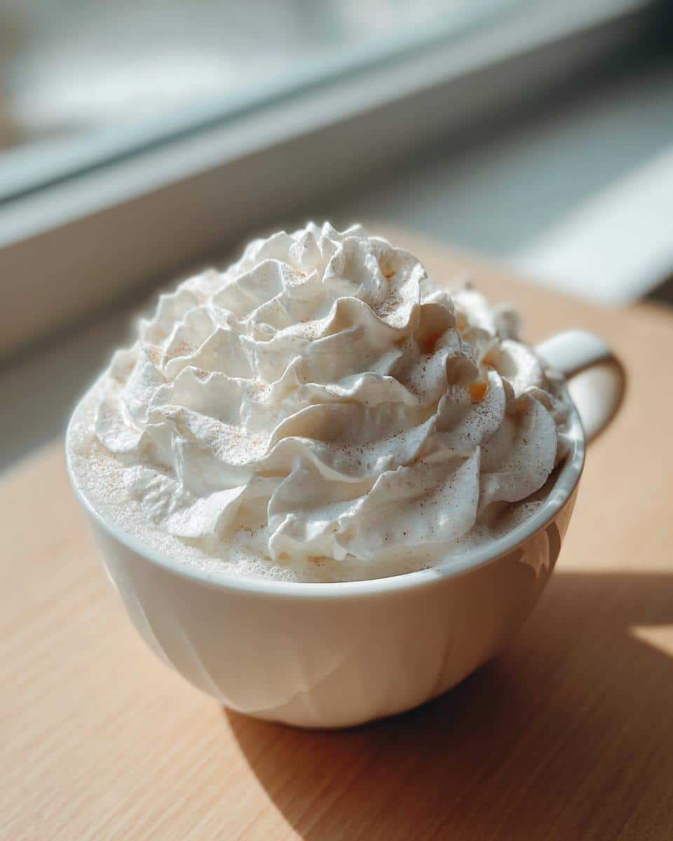 A white cup overflowing with whipped cream, representing a DIY Starbucks Puppuccino for Dogs, sits on a wooden surface.