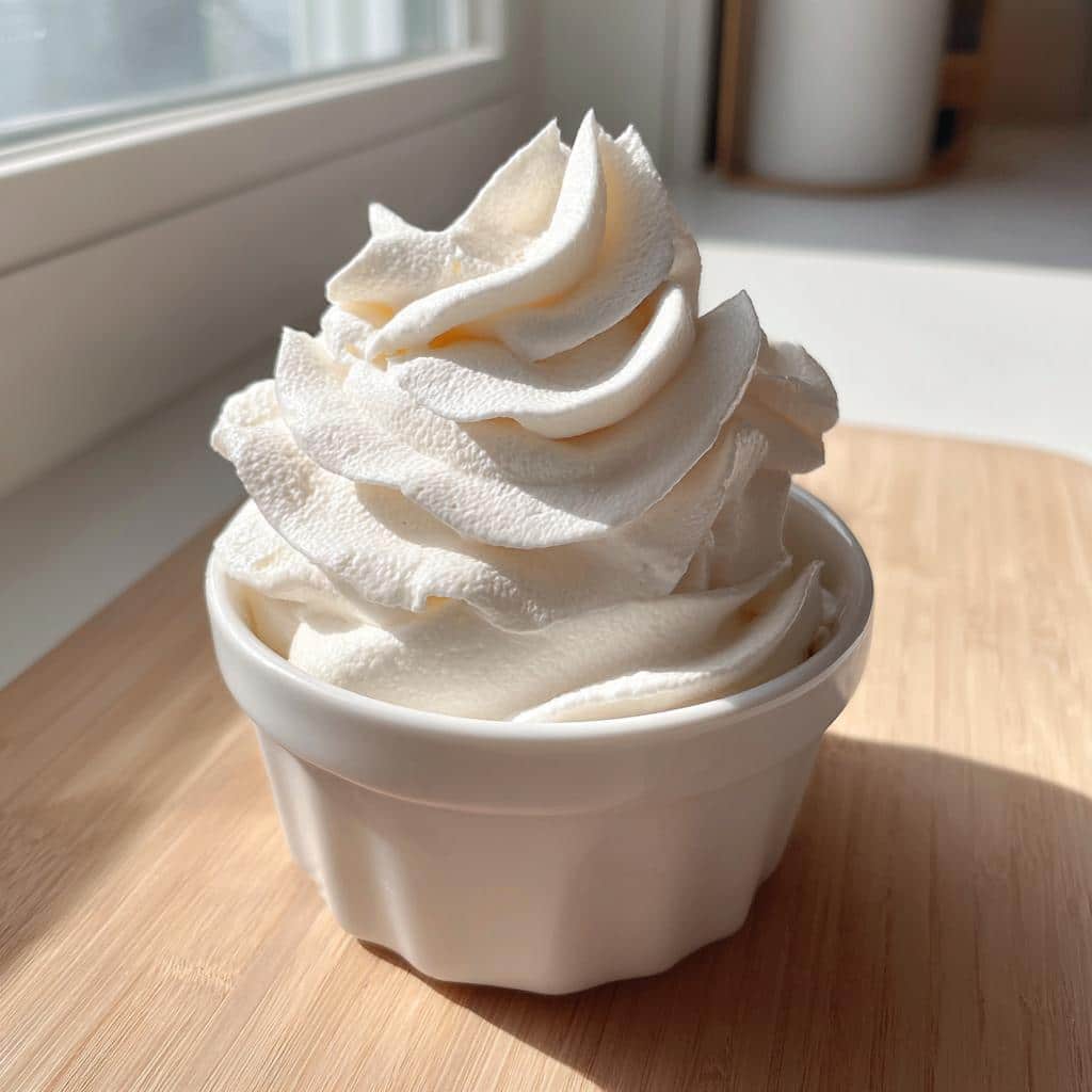 A perfect swirl of whipped cream in a small white dish, representing a DIY Starbucks Puppuccino for Dogs.