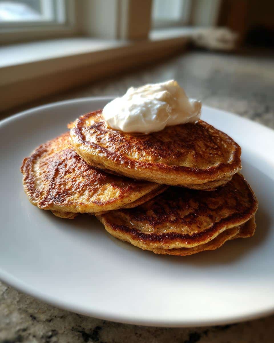 A stack of three golden-brown Dog Birthday Pancakes topped with a dollop of white cream or yogurt.