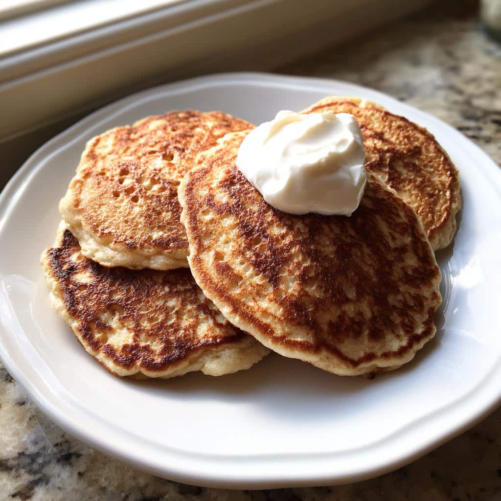 A stack of golden brown Dog Birthday Pancakes topped with a dollop of white cream or yogurt.