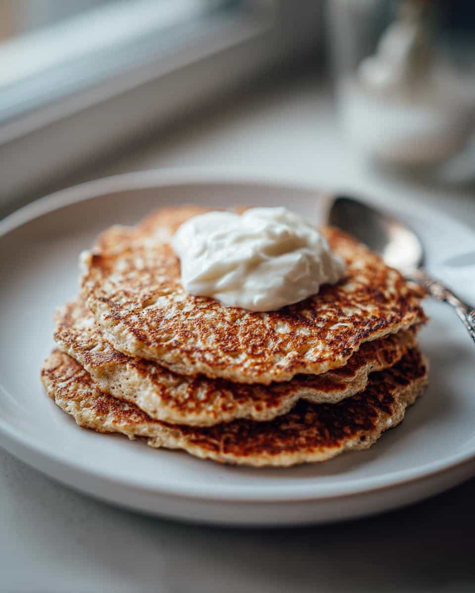 A stack of three small, golden-brown Dog Birthday Pancakes topped with a dollop of white yogurt or cream.