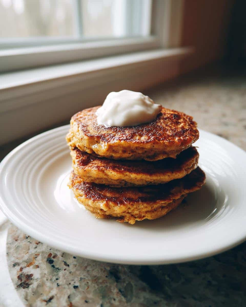 A stack of three golden brown Dog Birthday Pancakes topped with a dollop of white yogurt or cream.