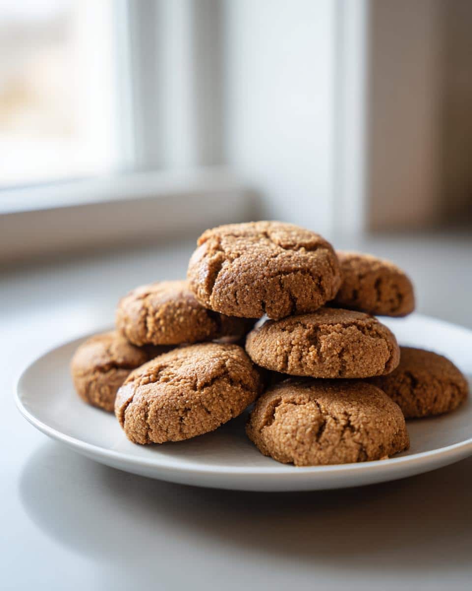 A stack of freshly baked Dog Biscuit Banana cookies piled high on a white plate near a bright window.