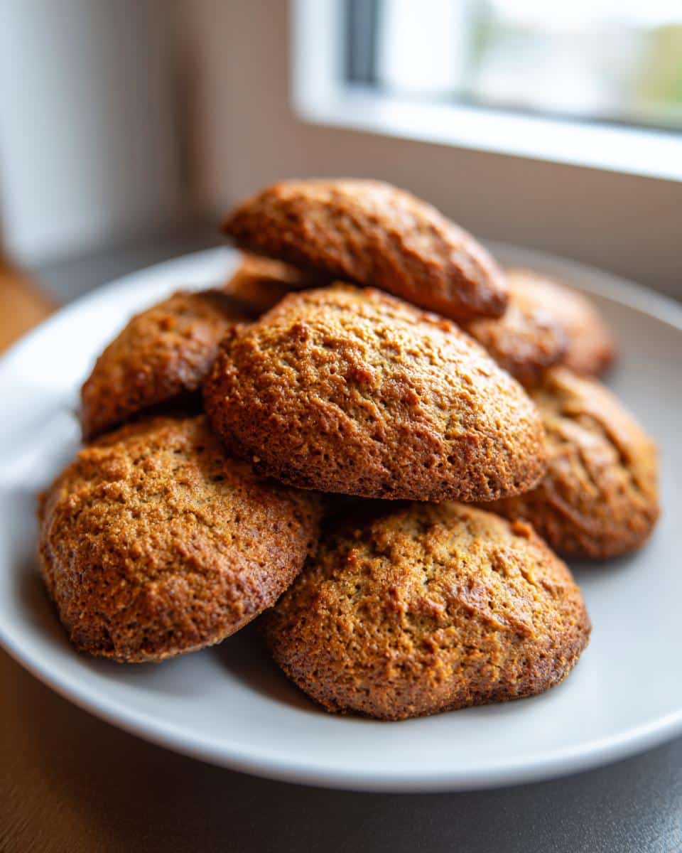 A stack of golden brown Dog Biscuit Banana treats piled high on a light gray plate near a bright window.