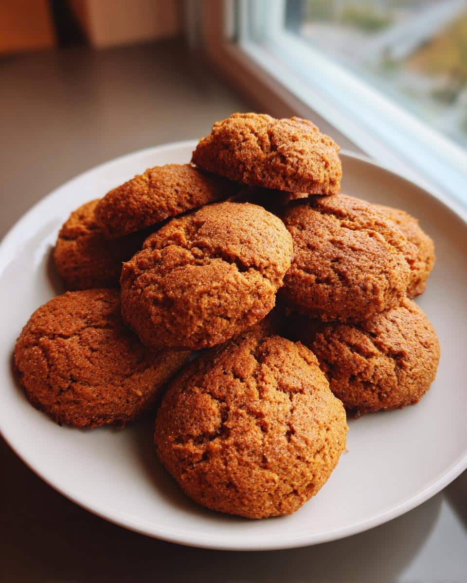 A stack of freshly baked Dog Biscuit Banana treats piled high on a light gray plate near a window.