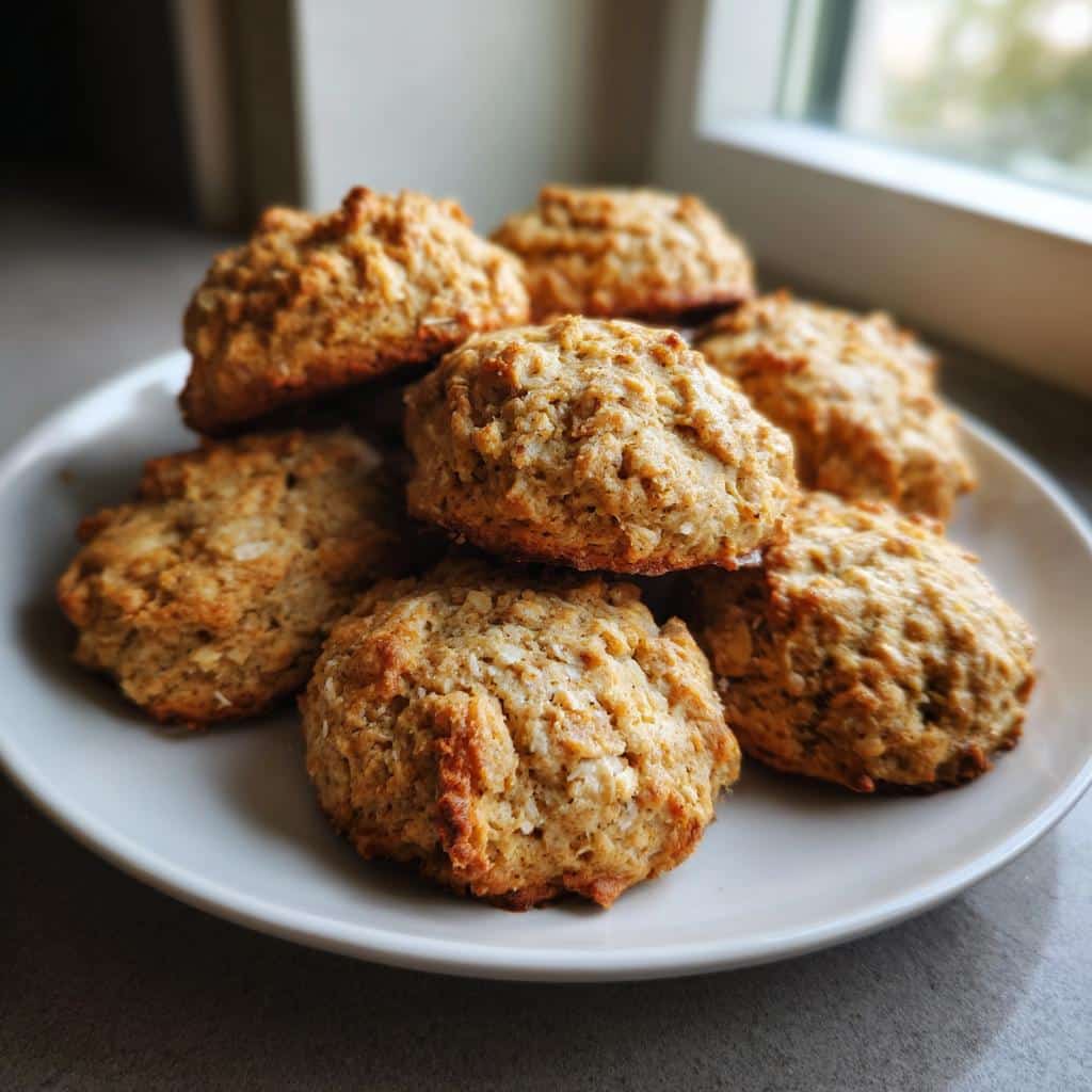 A stack of golden brown Dog Biscuit Banana treats piled on a white plate near a window.