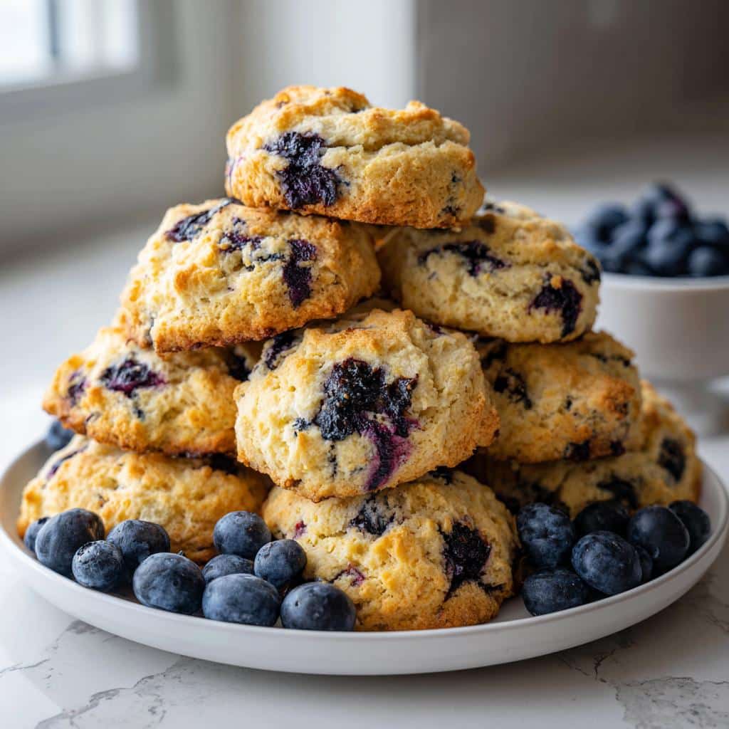 A tall stack of golden baked Dog Biscuit Blueberry treats garnished with fresh blueberries on a white plate.