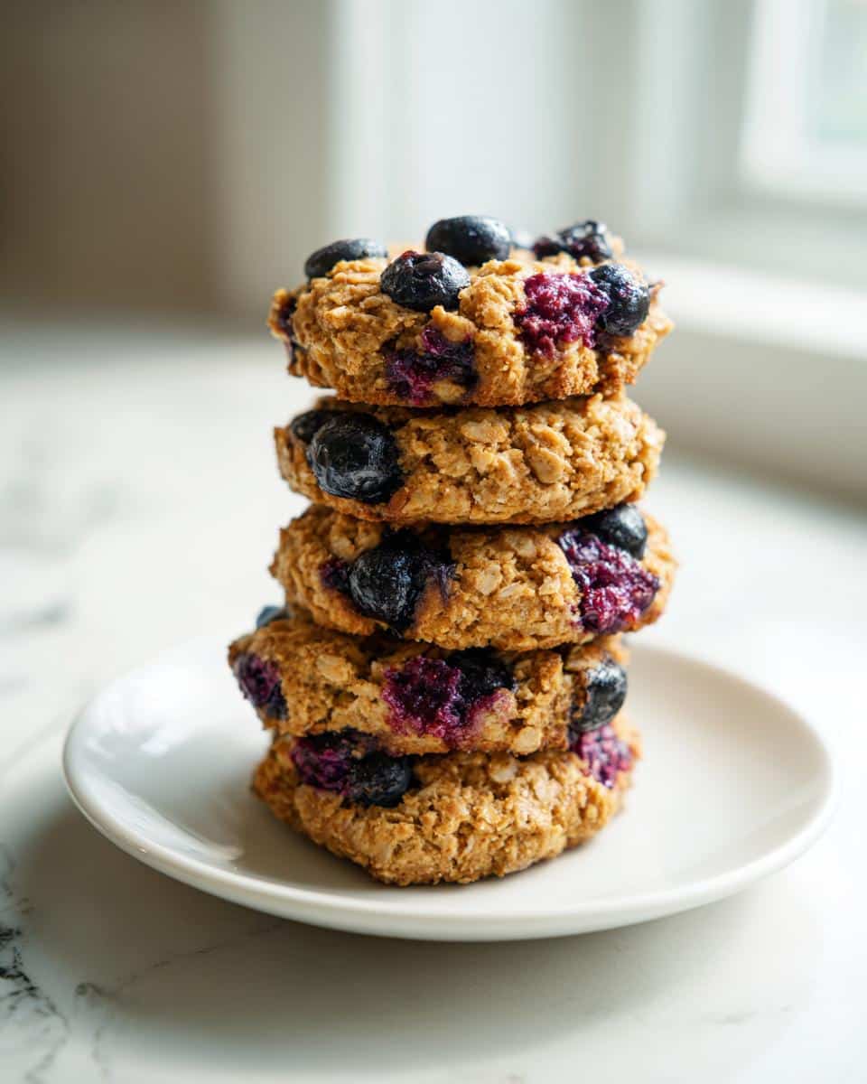 A stack of four homemade Dog Biscuit Blueberry treats made with oats and fresh blueberries on a white plate.