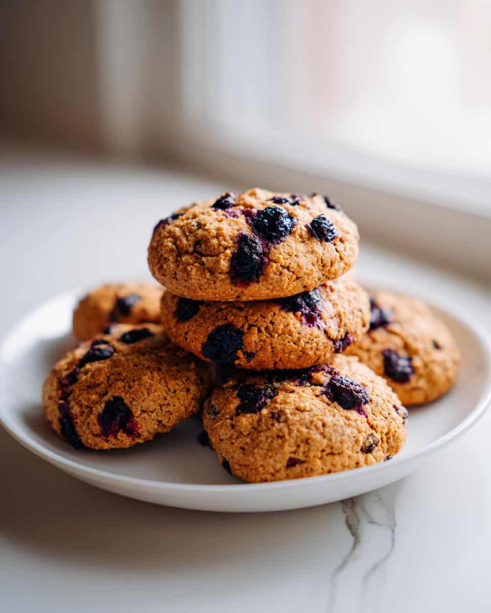 A stack of homemade Dog Biscuit Blueberry treats piled on a white plate near a bright window.