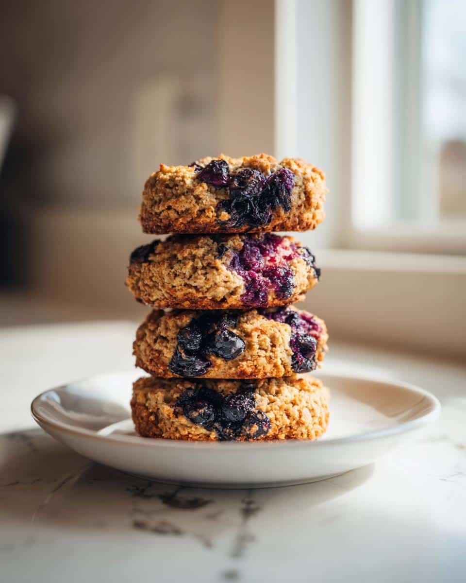 A stack of four homemade Dog Biscuit Blueberry treats made with oats and real blueberries, sitting on a small white plate.