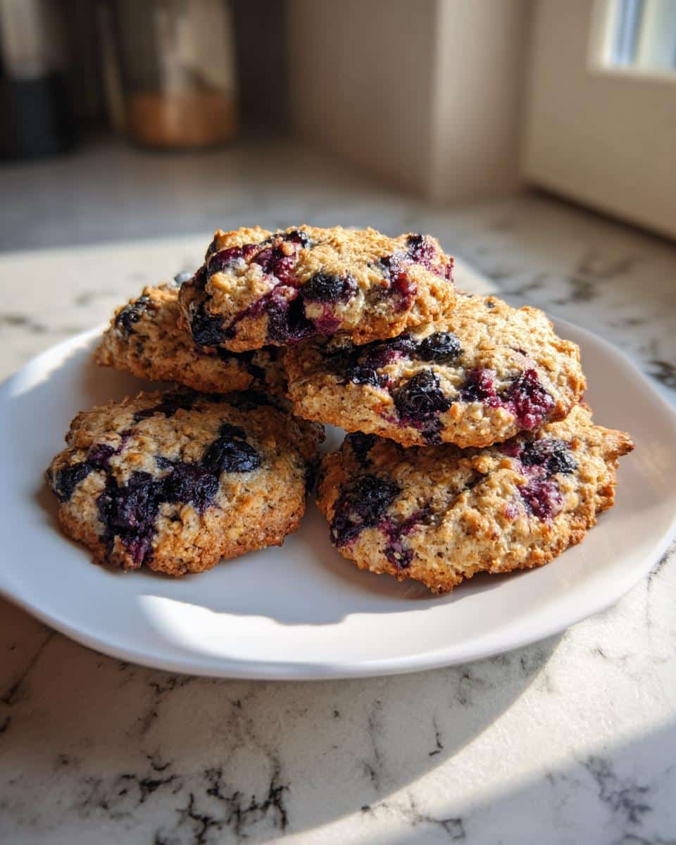 A stack of five homemade Dog Biscuit Blueberry treats with visible oats and dark blueberries on a white plate.
