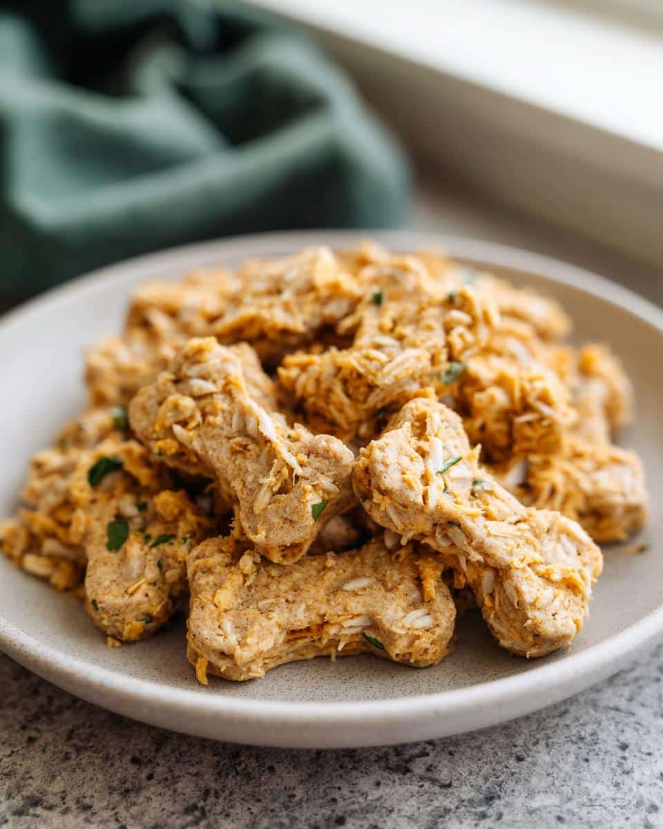A pile of freshly baked, bone-shaped Dog Biscuit Recipes Chicken treats on a light gray plate.