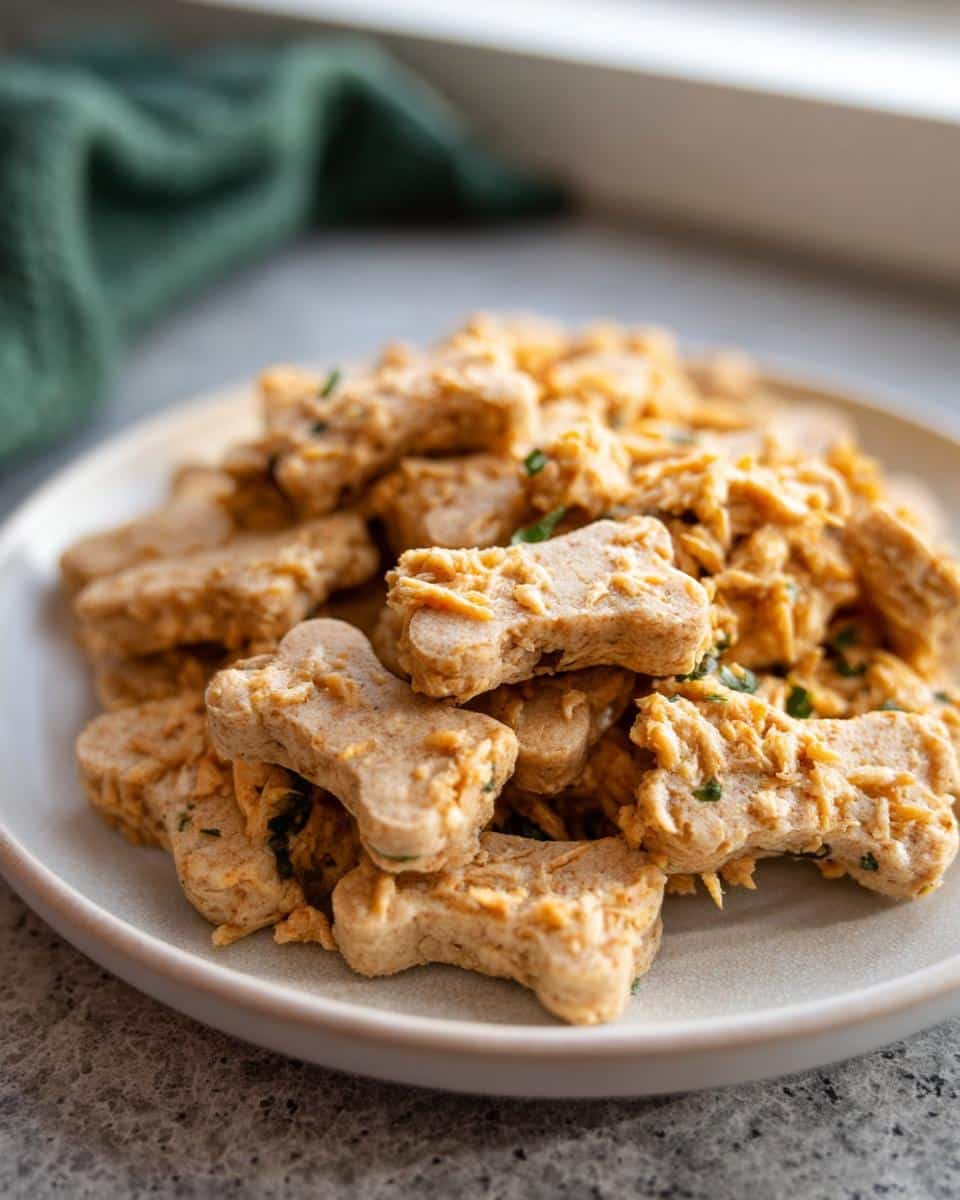 A pile of homemade bone-shaped Dog Biscuit Recipes Chicken treats dusted with cheese and herbs on a light plate.