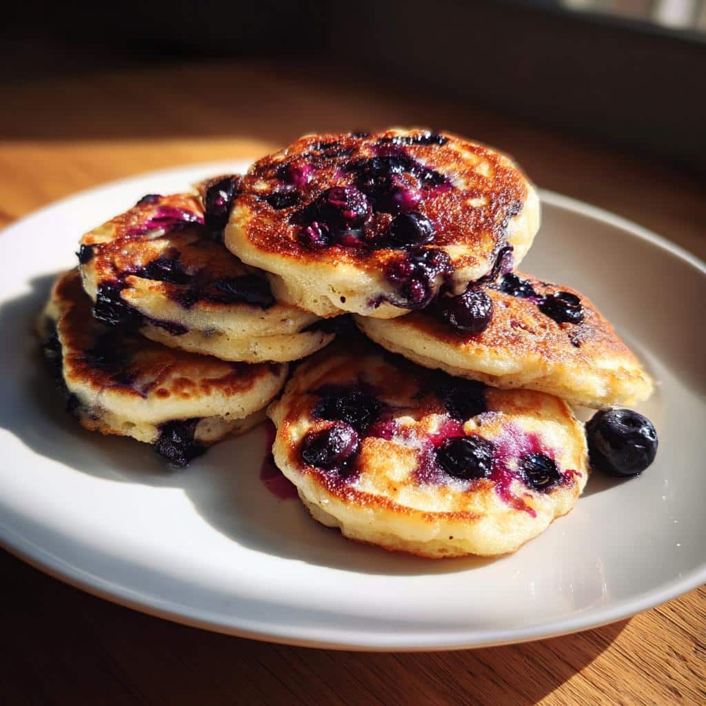 A stack of golden-brown Dog Blueberry Pancakes loaded with juicy, burst blueberries on a white plate.