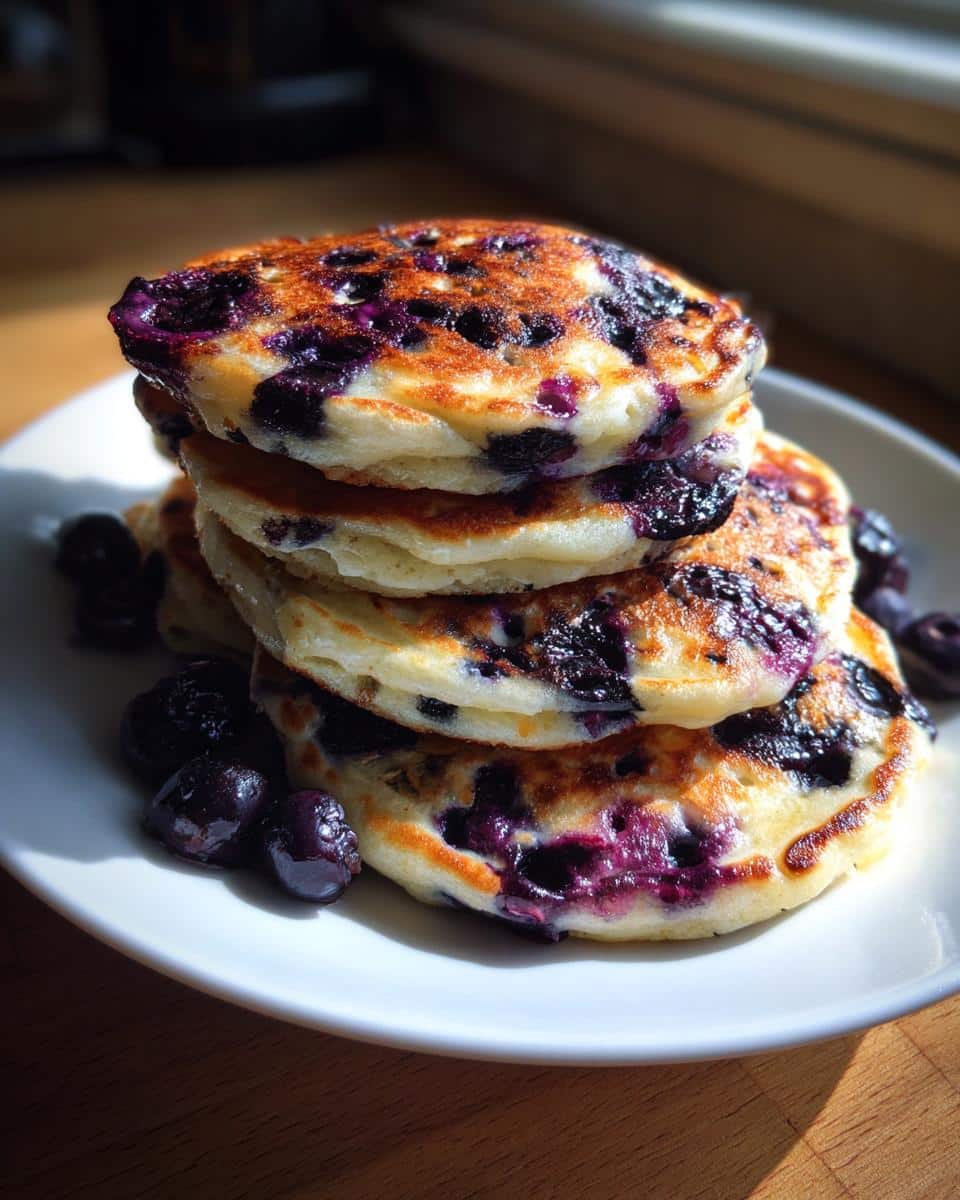 A tall stack of golden-brown Dog Blueberry Pancakes studded with bursting blueberries, served on a white plate.