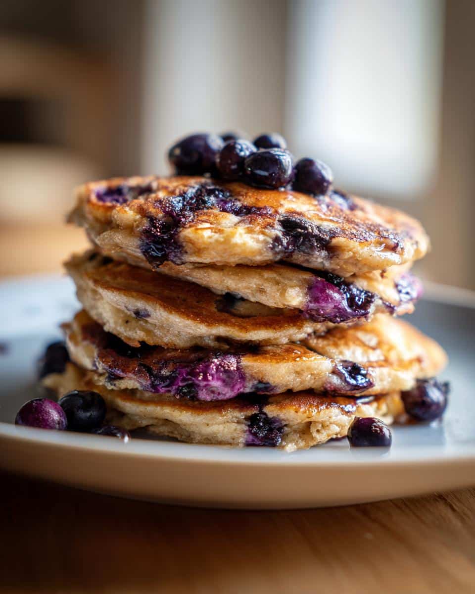 A tall stack of golden Dog Blueberry Pancakes topped with fresh blueberries, ready to serve.