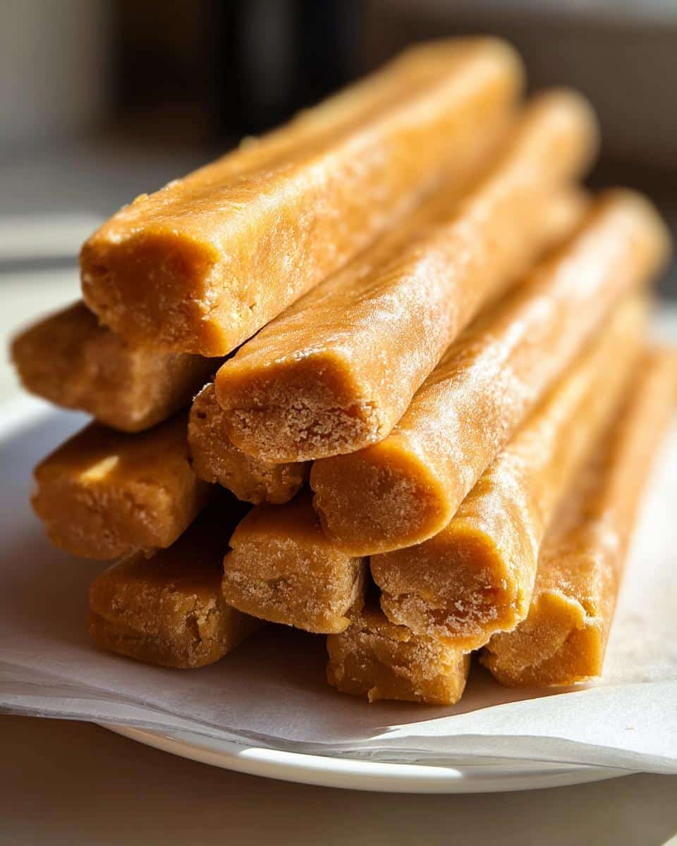 A stack of golden brown, chewy bars made from the Dog Chew Recipe, resting on white parchment paper.